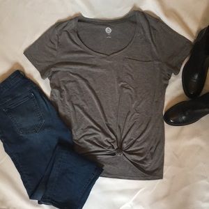 Gray Tee w/ Chest Pocket & Front Knot Detail